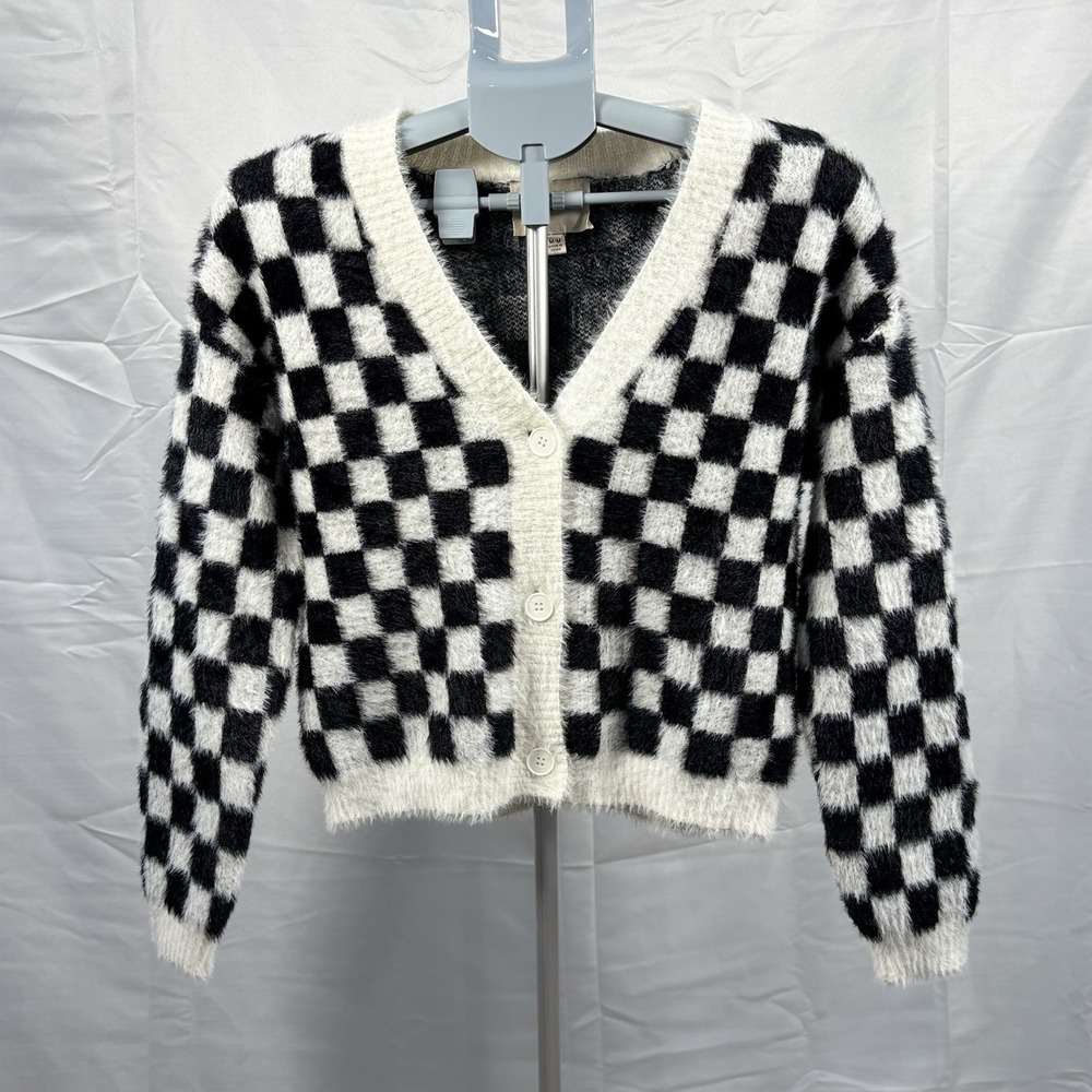 Industry Black White Checkered Fluffy Knit Button Up Cardigan Womens Size M